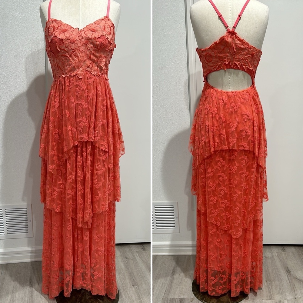 Free People Coral Flower Embroidered Tiered Lace Open Back Maxi Dress - 4 - Picture 5 of 15
